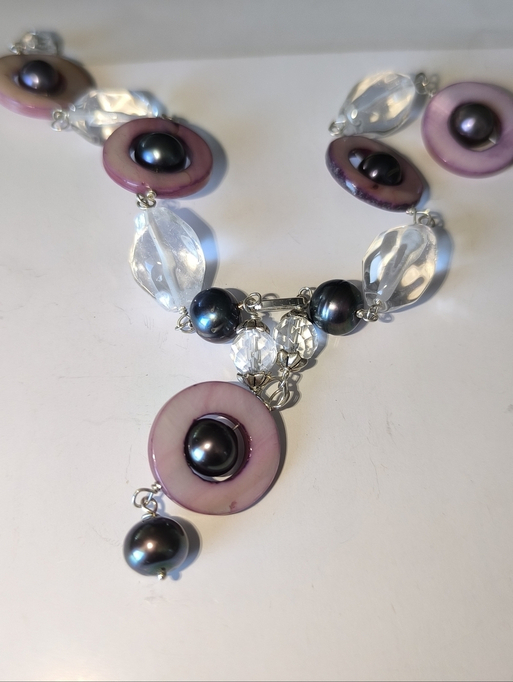 Multicolor Gemstones Peacock Pearls Pink Circles MOP Rock Crystals Necklace